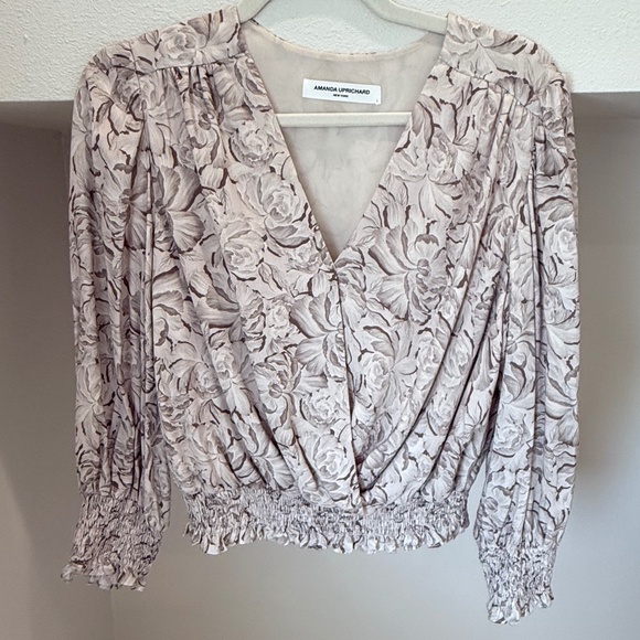 Amanda Uprichard Tan / Beige Floral Long-Sleeved Coquette Top (Size L) - Picture 5 of 10